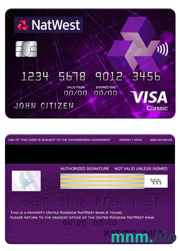 United Kingdom NatWest bank visa klasyczny karta przykład w formacie PSD